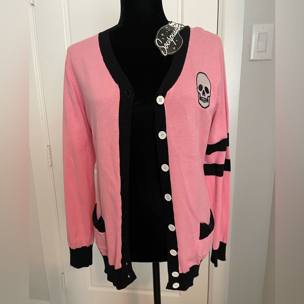 Sourpuss Pink Skull Cardigan Sweater